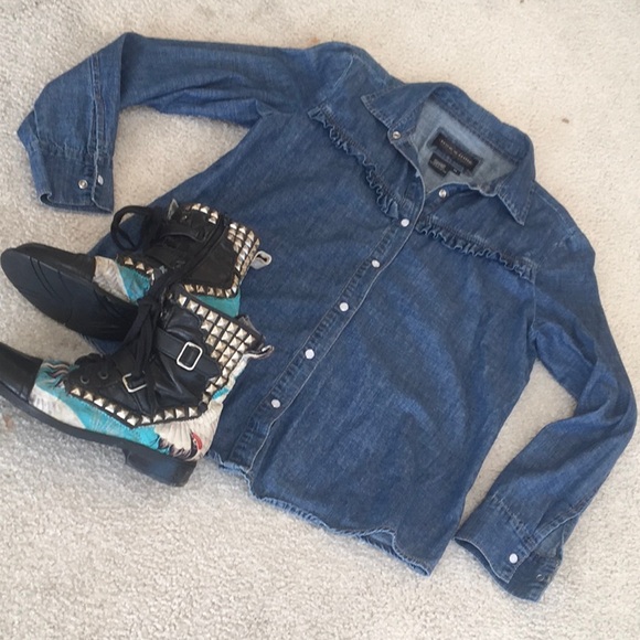Live a Little Tops - LIVE A LITTLE/BLUE DENIM- RUFFLE CHESTwSNAP FRONT PEARL BUTTONS